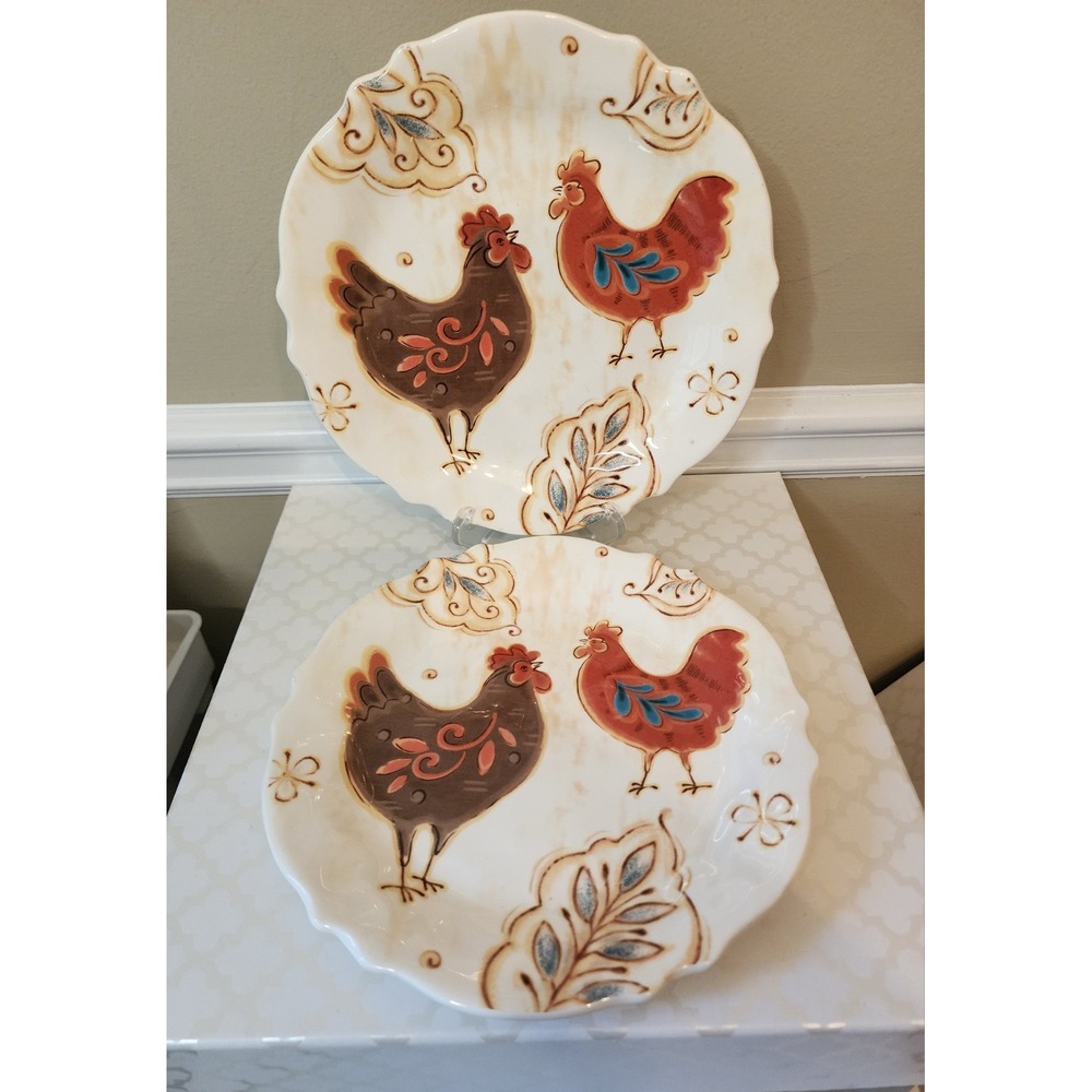 Set 2 Pier 1 Rooster Gallo Salad Plates Ironstone 9" Scallop Edge Farmhouse
